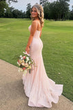 Classy Plunge Neck Blush Pink Sequin Mermaid Long Prom Dresses Graduation Dress HZ1214