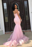 Classy Pink Sweetheart Sleeveless Lace Mermaid Prom Dresses with Train Evening Dresses Graduation Dress HZ1214