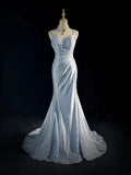 Classy Elegant Blue Spaghetti Strap Prom Gown Pleated Sweetheart Neckline Sexy Backless Prom Dress HZ1214