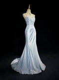 Classy Elegant Blue Spaghetti Strap Prom Gown Pleated Sweetheart Neckline Sexy Backless Prom Dress HZ1214