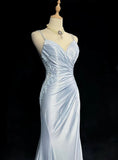 Classy Elegant Blue Spaghetti Strap Prom Gown Pleated Sweetheart Neckline Sexy Backless Prom Dress HZ1214