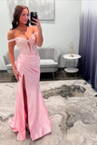 Pink Off-the-Shoulder Long Mermaid Prom Dress with Slit Graduation Dress HZ1214