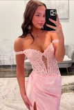 Pink Off-the-Shoulder Long Mermaid Prom Dress with Slit Graduation Dress HZ1214