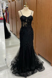 Classy Black Sweetheart Straps Mermaid Appliques Tulle Long Prom Dress HZ1214