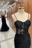 Classy Black Sweetheart Straps Mermaid Appliques Tulle Long Prom Dress HZ1214