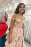 Pretty Off the Shoulder High Slit Pink Lace Long Prom Dress with Train, Off the Shoulder Pink Formal Dress Graduation Dress HZ1214