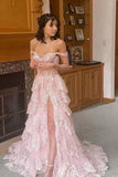 Pretty Off the Shoulder High Slit Pink Lace Long Prom Dress with Train, Off the Shoulder Pink Formal Dress Graduation Dress HZ1214