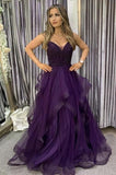 Classy A-Line V Neck Tulle Prom Dresses with Beading Long Formal Dress HZ1214