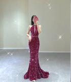 Pretty Mermaid High Neckline Sequin Sleeveless Long Prom Dresses Evening Dresses HZ1214