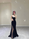 Pretty Mermaid Spaghetti Straps Black Sequin Sleeveless Long Prom Dresses Evening Dresses HZ1214
