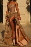 Pretty Sparkly A Line Strapless Black Corset Prom Dress Ruffle Tiered With Slit Graduation Dress HZ1214