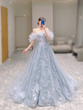 Classy Ball Gown Off The Shoulder Blue Tulle Prom Dresses Birthday Dresses Dance Party Dress Graduation Prom Dresses HZ1214