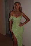 Glamorous Sequins One Shoulder Spaghetti Strap Long Pleated Prom Dress with Split HZ1214