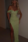 Glamorous Sequins One Shoulder Spaghetti Strap Long Pleated Prom Dress with Split HZ1214