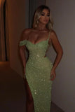 Glamorous Sequins One Shoulder Spaghetti Strap Long Pleated Prom Dress with Split HZ1214