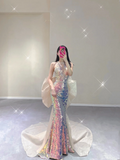 Pretty Mermaid Scoop Sequin Sleeveless Long Prom Dresses Evening Dresses HZ1214