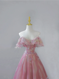 Fairy-tale A Line Off The Shoulder Pink Tulle Long Prom Dresses Evening Dresses HZ1214
