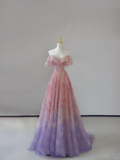 Fairy-tale A Line Off The Shoulder Pink Tulle Long Prom Dresses Evening Dresses HZ1214