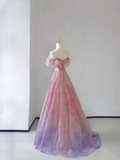 Fairy-tale A Line Off The Shoulder Pink Tulle Long Prom Dresses Evening Dresses HZ1214