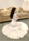 White Satin Sweetheart Mermaid Straps Long Party Dress, White Satin Prom Dress Formal Dress HZ1214