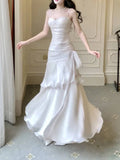 White Satin Sweetheart Mermaid Straps Long Party Dress, White Satin Prom Dress Formal Dress HZ1214