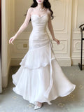 White Satin Sweetheart Mermaid Straps Long Party Dress, White Satin Prom Dress Formal Dress HZ1214