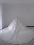 Timeless Ball Gown Off The Shoulder Short Sleeves Long Satin White Sweep Train Wedding Dresses Brides Dress HZ1214