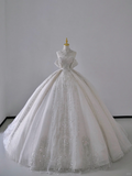 Timeless Ball Gown Off The Shoulder Short Sleeves Long Satin White Sweep Train Wedding Dresses Brides Dress HZ1214