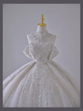Timeless Ball Gown Off The Shoulder Short Sleeves Long Satin White Sweep Train Wedding Dresses Brides Dress HZ1214