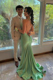 Mermaid Straps Green Satin Mermaid Long Prom Dress Backless Formal Dresses HZ1214