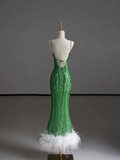 Gorgeous Sheath Spaghetti Straps Green Sleeveless Sequin Long Prom Dresses Graduation Dresses HZ1214
