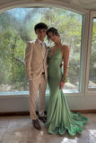 Mermaid Straps Green Satin Mermaid Long Prom Dress Backless Formal Dresses HZ1214
