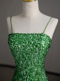 Gorgeous Sheath Spaghetti Straps Green Sleeveless Sequin Long Prom Dresses Graduation Dresses HZ1214