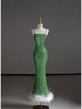 Gorgeous Sheath Spaghetti Straps Green Sleeveless Sequin Long Prom Dresses Graduation Dresses HZ1214