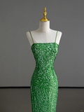Gorgeous Sheath Spaghetti Straps Green Sleeveless Sequin Long Prom Dresses Graduation Dresses HZ1214