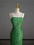 Gorgeous Sheath Spaghetti Straps Green Sleeveless Sequin Long Prom Dresses Graduation Dresses HZ1214