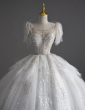 Timeless Ball Gown Scoop Short Sleeves Long Satin White Sweep Train Wedding Dresses Brides Dress HZ1214