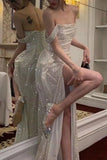 Simple Mermaid Off the Shoulder Silver Sequins Long Prom Dress with Split Front Formal Dresses HZ1214