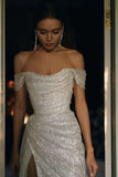 Sparkling Mermaid Off the Shoulder Silver Sequins Long Prom Dress with Split Front Formal Dresses HZ1214