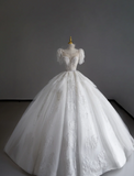 Timeless Ball Gown Scoop Short Sleeves Long Satin White Sweep Train Wedding Dresses Brides Dress HZ1214