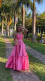 Classy Ball Gown Strapless Pink Floor Length Satin Slit Prom Dresses Evening Gowns Graduation Formal Dresses HZ1214