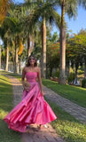 Classy Ball Gown Strapless Pink Floor Length Satin Slit Prom Dresses Evening Gowns Graduation Formal Dresses HZ1214