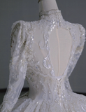Timeless Ball Gown V Neckline Long Sleeves Long Satin White Sweep Train Wedding Dresses Brides Dress HZ1214