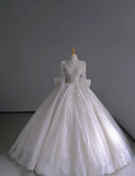 Timeless Ball Gown V Neckline Long Sleeves Long Satin White Sweep Train Wedding Dresses Brides Dress HZ1214
