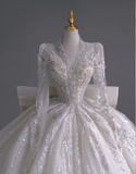 Timeless Ball Gown V Neckline Long Sleeves Long Satin White Sweep Train Wedding Dresses Brides Dress HZ1214