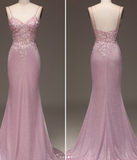 Classy Glitter Blush Mermaid Spaghetti Straps Long Prom Dress With Beading Graduation Dresses HZ1214