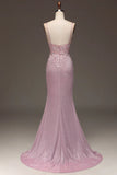 Classy Glitter Blush Mermaid Spaghetti Straps Long Prom Dress With Beading Graduation Dresses HZ1214