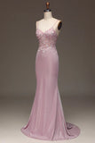 Classy Glitter Blush Mermaid Spaghetti Straps Long Prom Dress With Beading Graduation Dresses HZ1214