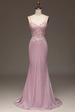 Classy Glitter Blush Mermaid Spaghetti Straps Long Prom Dress With Beading Graduation Dresses HZ1214
