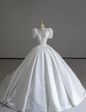 Timeless Ball Gown Scoop Neckline Short Sleeves Long Satin White Sweep Train Wedding Dresses Brides Dress HZ1214